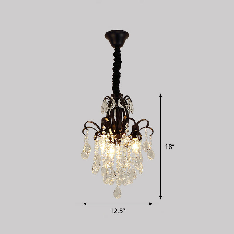 Modernist Black Candelabra Chandelier With Crystal Drops - 3 Head Pendant Light