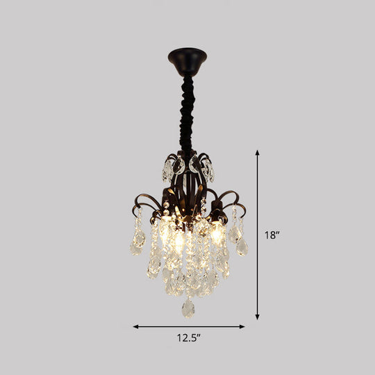 Modernist Black Candelabra Chandelier With Crystal Drops - 3 Head Pendant Light