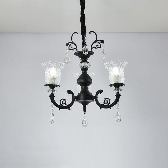 Modern Black Crystal Glass Chandelier Lamp With Flower Design - 3-Light Suspension For Bedroom