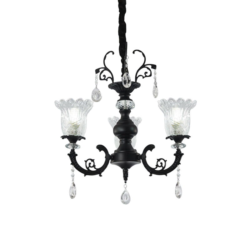 Modern Black Crystal Glass Chandelier Lamp With Flower Design - 3-Light Suspension For Bedroom