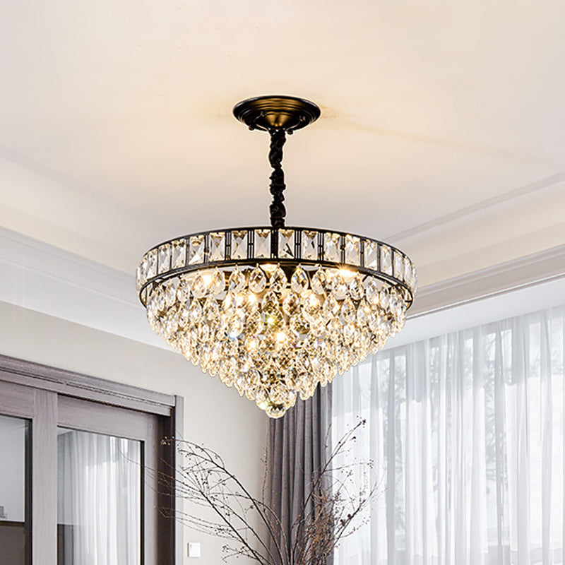 Modern Black 6-Head Bedroom Ceiling Chandelier With Crystal Drip Shades