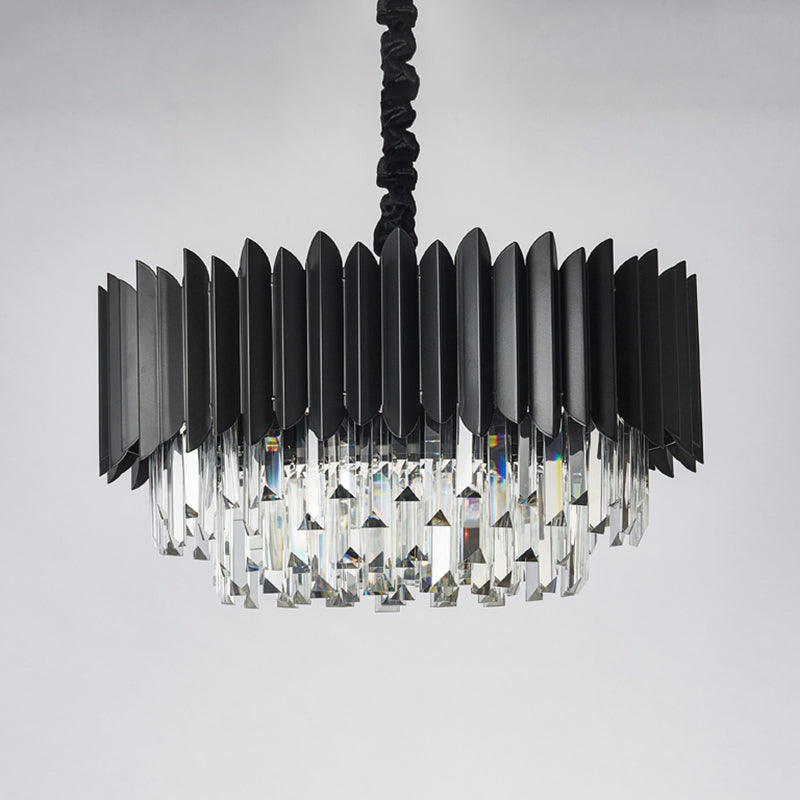 Modern Drum Crystal Prisms Chandelier - 4-Bulb Black Living Room Hanging Pendant Light