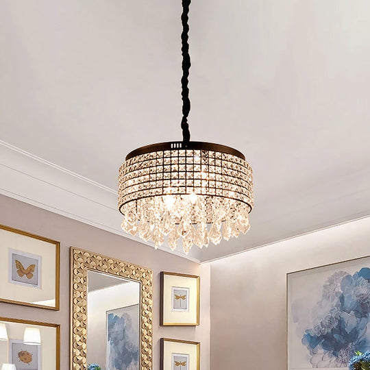 Modernist Black Crystal Drum Chandelier - 5-Light Suspension Lamp with Droplet, Stylishly Encrusted