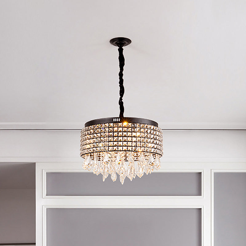 Modernist Crystal Drum Chandelier With 5 Lights Black Finish & Droplet Accents