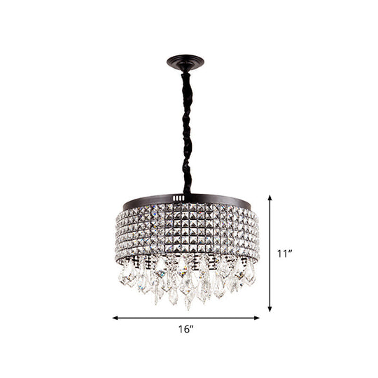 Modernist Crystal Drum Chandelier With 5 Lights Black Finish & Droplet Accents