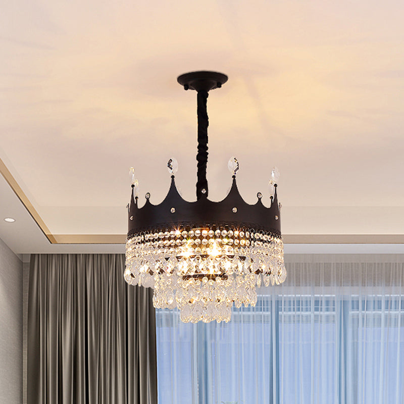 Modern Crown-Shaped Black Pendant Chandelier With Crystal Droplets - 4-Bulb Metal Suspension