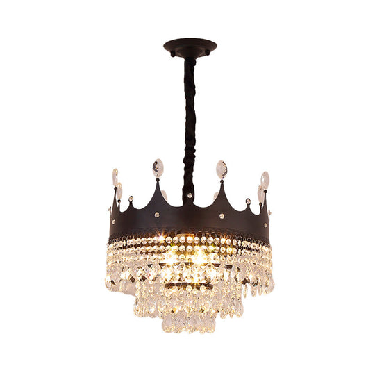 Contemporary 4-Bulb Black Pendant Chandelier with Crystal Droplet - Crown Shape Metal Suspension Lighting