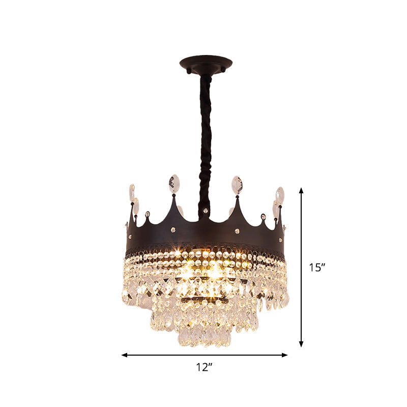 Contemporary 4-Bulb Black Pendant Chandelier with Crystal Droplet - Crown Shape Metal Suspension Lighting