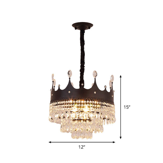 Contemporary 4-Bulb Black Pendant Chandelier with Crystal Droplet - Crown Shape Metal Suspension Lighting