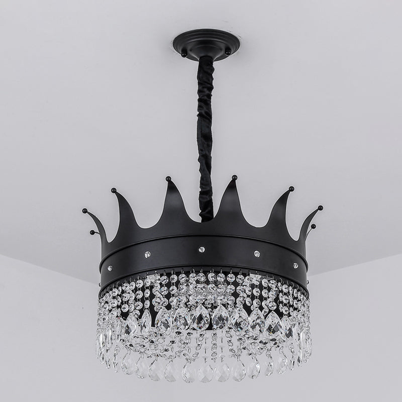 Contemporary 4-Bulb Black Pendant Chandelier with Crystal Droplet - Crown Shape Metal Suspension Lighting