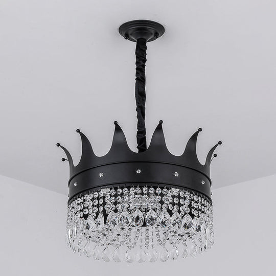 Modern Crown-Shaped Black Pendant Chandelier With Crystal Droplets - 4-Bulb Metal Suspension