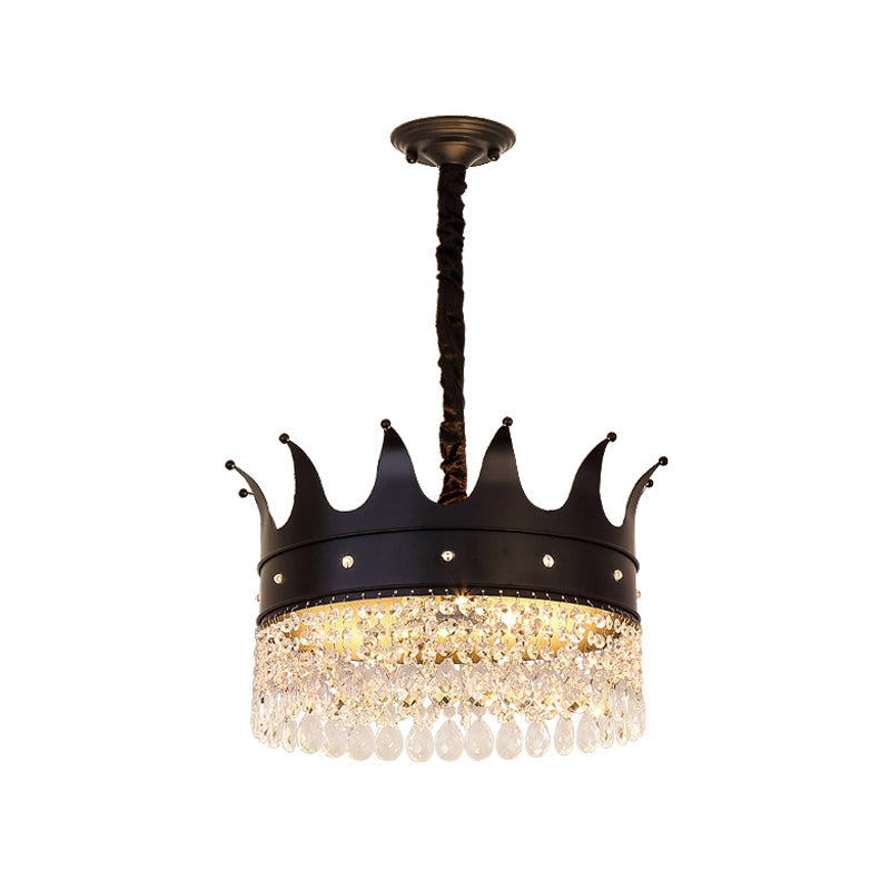 Contemporary 4-Bulb Black Pendant Chandelier with Crystal Droplet - Crown Shape Metal Suspension Lighting