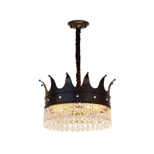 Modern Crown-Shaped Black Pendant Chandelier With Crystal Droplets - 4-Bulb Metal Suspension