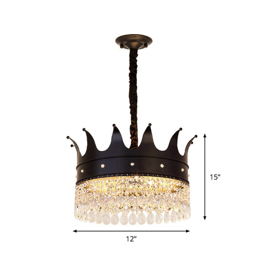 Contemporary 4-Bulb Black Pendant Chandelier with Crystal Droplet - Crown Shape Metal Suspension Lighting