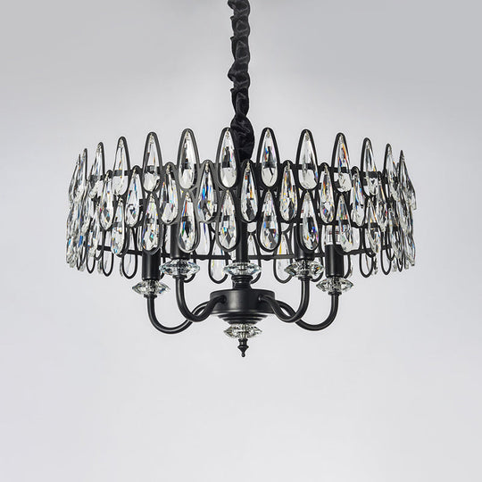 Modern Black Teardrop Ceiling Chandelier With Drum Design - 4-Light Crystal Pendant Lamp