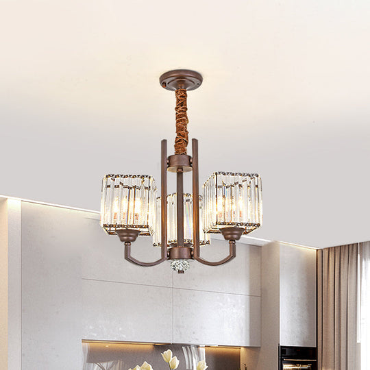 Cuboid Crystal Block Chandelier - Modernist Pendant Lamp with 3/6 Lights for Dining Room in Coffee color