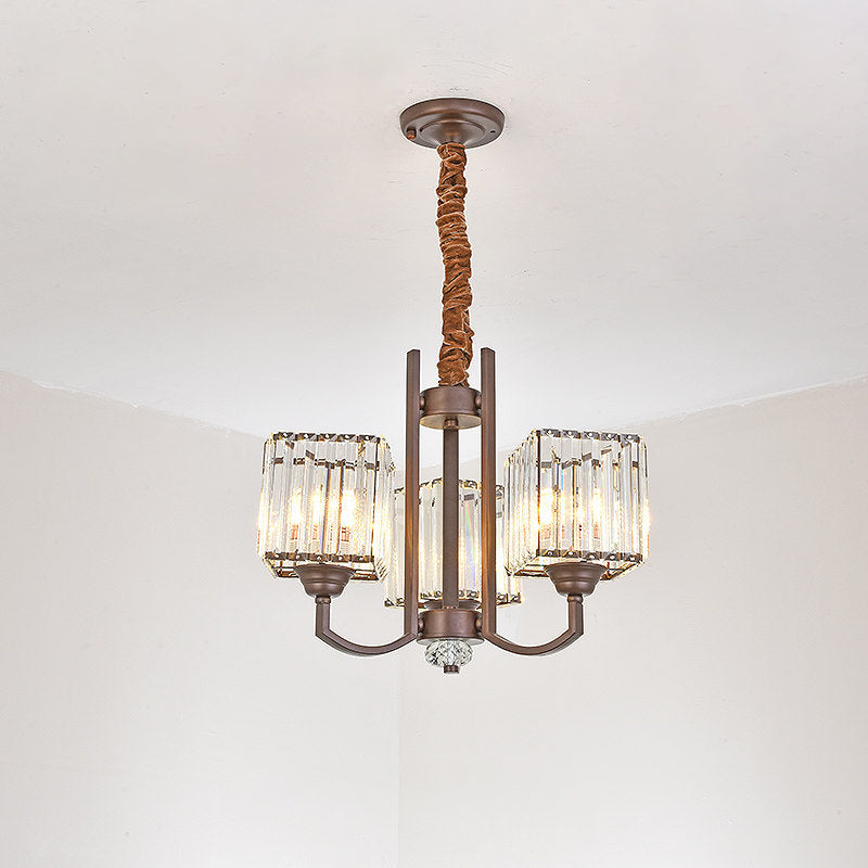 Cuboid Crystal Block Chandelier - Modernist Pendant Lamp with 3/6 Lights for Dining Room in Coffee color