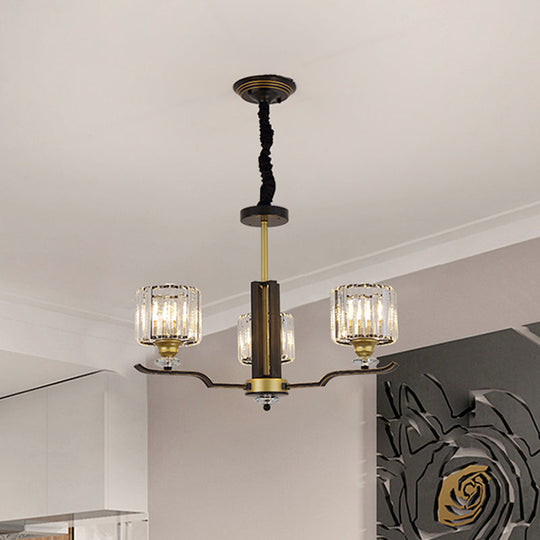 Modern Hanging Crystal Block Chandelier with Black & Gold Accents - 3/6 Heads Pendant Light