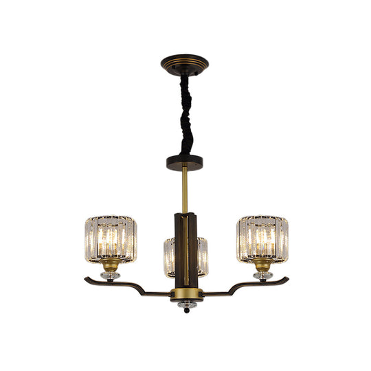 Modern Hanging Crystal Block Chandelier with Black & Gold Accents - 3/6 Heads Pendant Light