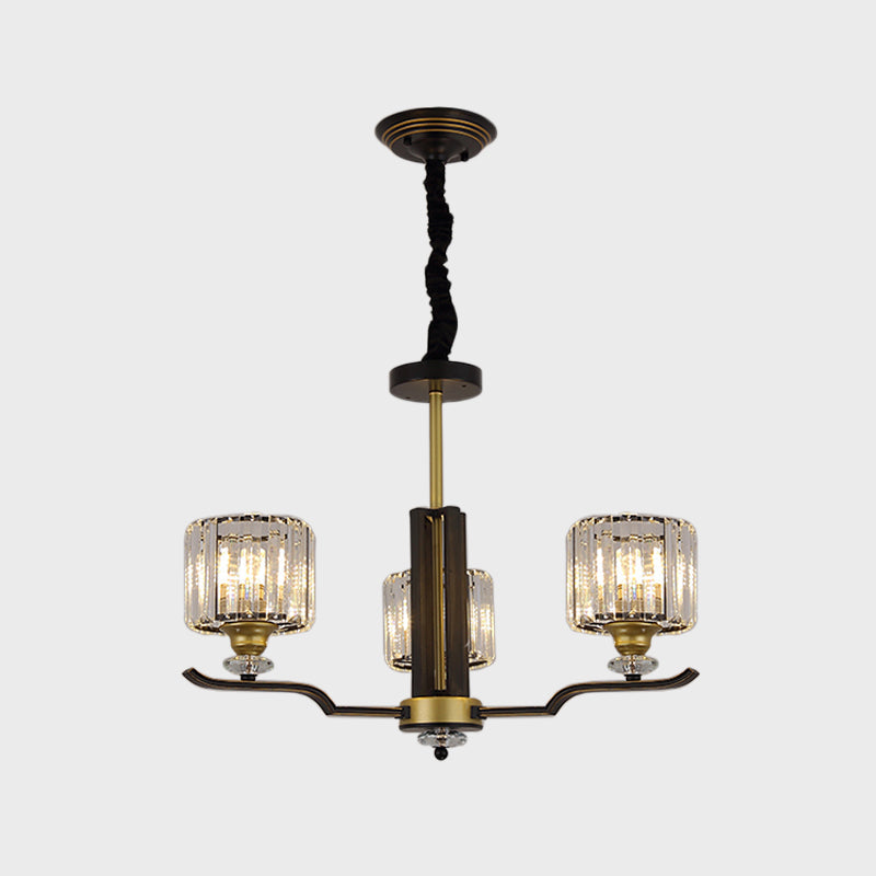 Modern Crystal Block Cylinder Pendant Chandelier - Black & Gold 3/6 Heads