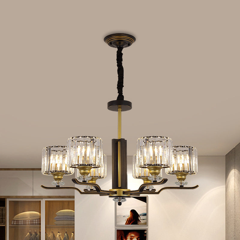 Modern Hanging Crystal Block Chandelier with Black & Gold Accents - 3/6 Heads Pendant Light