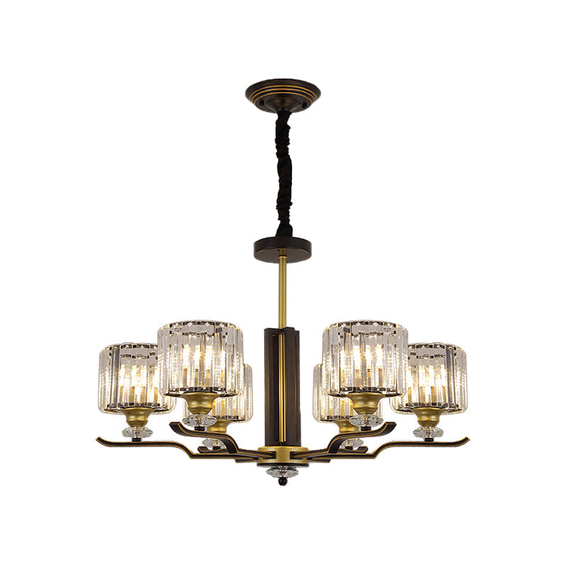 Modern Crystal Block Cylinder Pendant Chandelier - Black & Gold 3/6 Heads