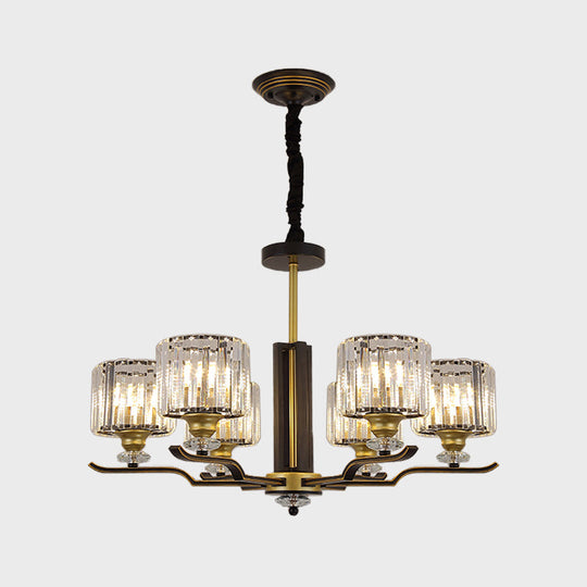 Modern Hanging Crystal Block Chandelier with Black & Gold Accents - 3/6 Heads Pendant Light