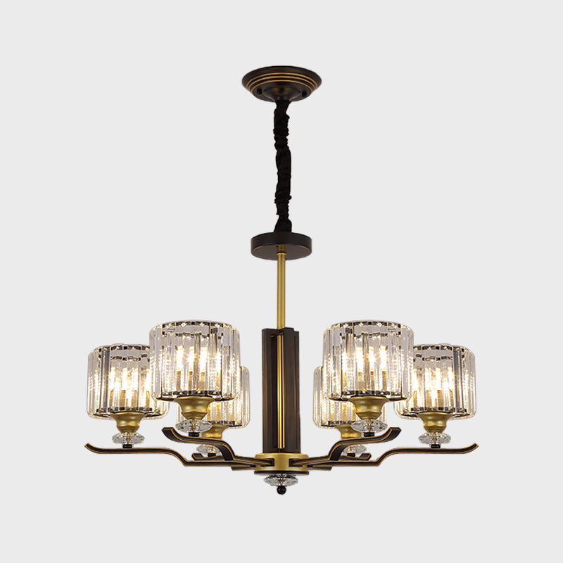 Modern Crystal Block Cylinder Pendant Chandelier - Black & Gold 3/6 Heads