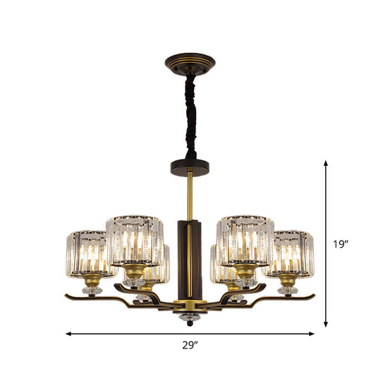 Modern Hanging Crystal Block Chandelier with Black & Gold Accents - 3/6 Heads Pendant Light