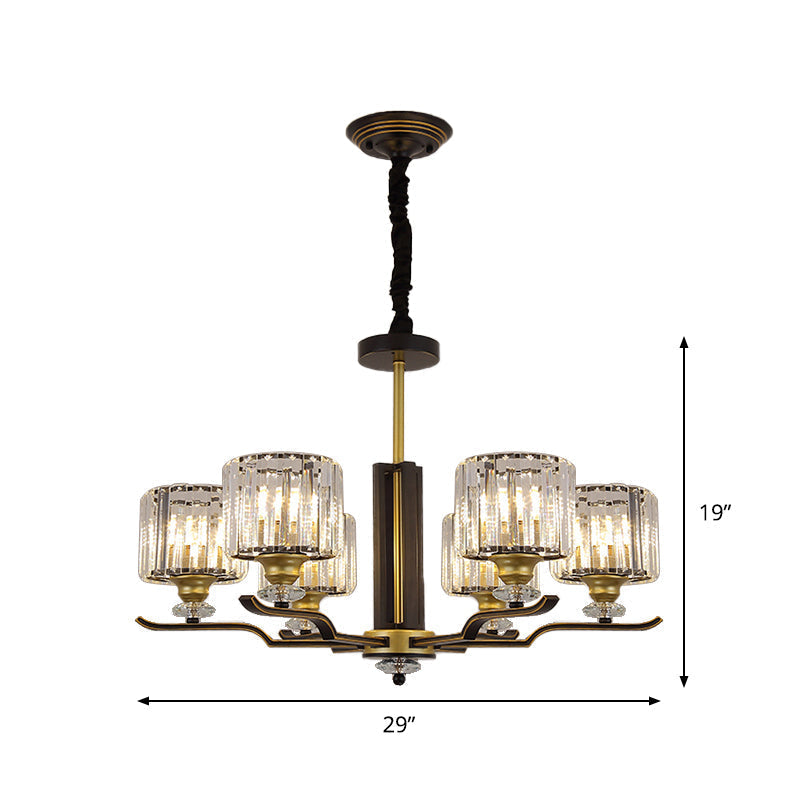 Modern Crystal Block Cylinder Pendant Chandelier - Black & Gold 3/6 Heads