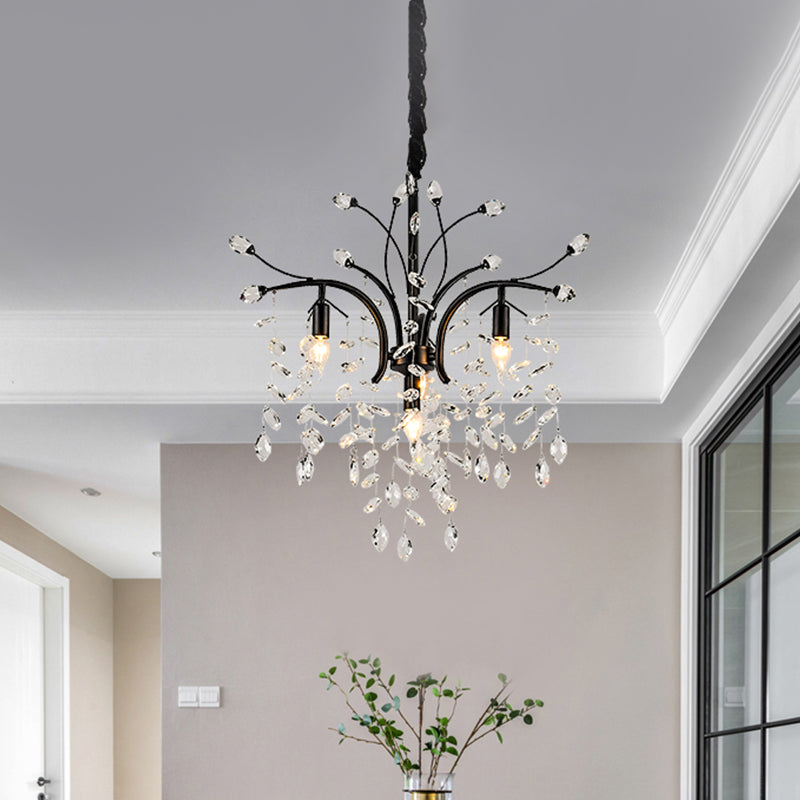 Modern Black Crystal Pendant Light Kit - Beveled Branch Design, 4 Bulbs - Elegant Candle Chandelier Lamp