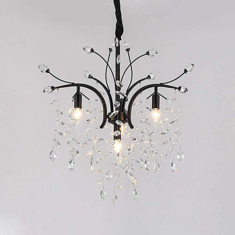 Modern Black Crystal Pendant Light Kit - Beveled Branch Design, 4 Bulbs - Elegant Candle Chandelier Lamp