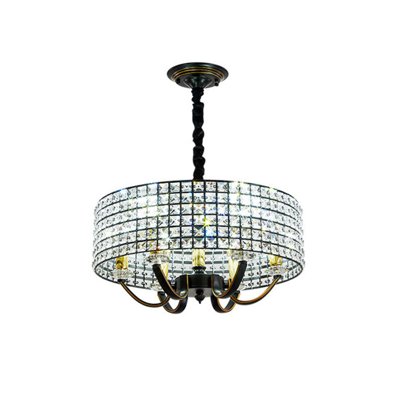 Minimalist Black Drum Chandelier Pendant Light with Crystal Embellishments - 6-Light Dining Room Hanging Lamp