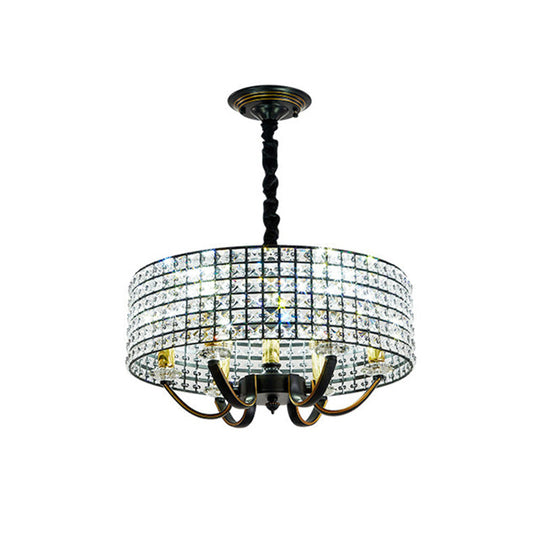 Minimalist Black Drum Chandelier Pendant Light with Crystal Embellishments - 6-Light Dining Room Hanging Lamp