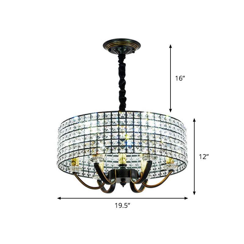 Minimalist Crystal Drum Chandelier Pendant Light Elegant 6-Light Dining Room Hanging Lamp Black