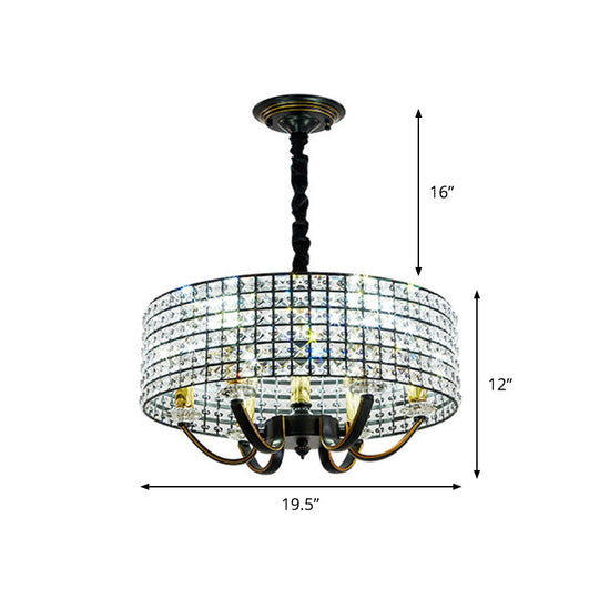 Minimalist Crystal Drum Chandelier Pendant Light Elegant 6-Light Dining Room Hanging Lamp Black