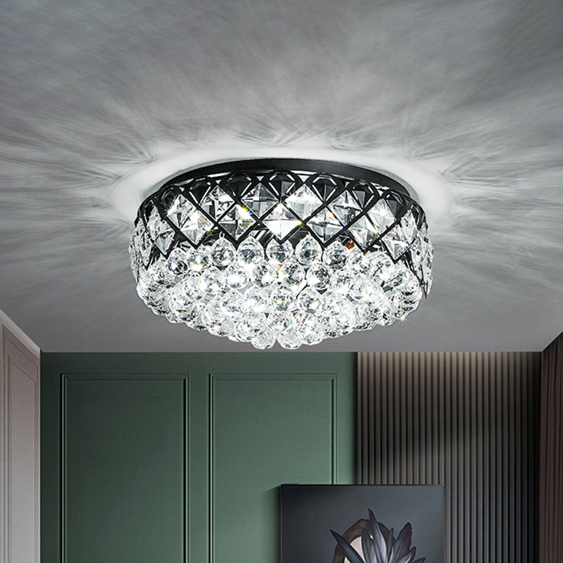 Modern Black Drum Flush Mount Lighting with 7 Crystal Balls - Bedroom Flushmount Lamp