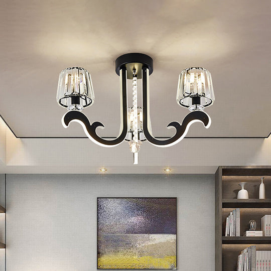 Modern Black LED Semi-Flush Ceiling Light with Crystal Block Shade - 3-Light Bedroom Lamp