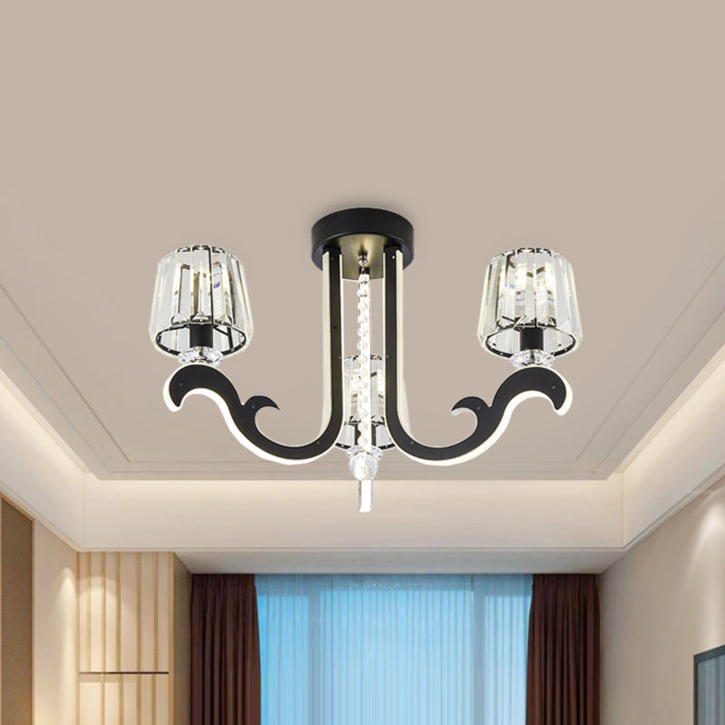 Modern Black LED Semi-Flush Ceiling Light with Crystal Block Shade - 3-Light Bedroom Lamp