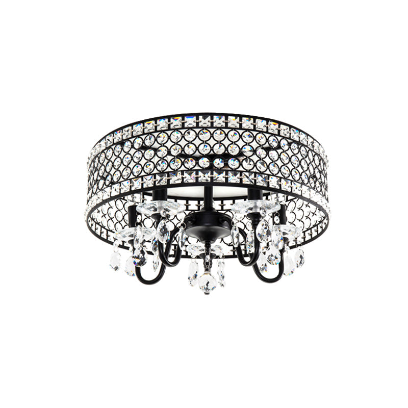 Sleek Black Metal Flush Mount Light with Crystal Drum Shade - Modern 4 Bulb Semi Flush Lamp