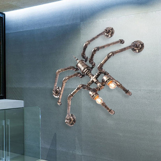 Industrial Style Bronze/Silver Water Pipe Wall Lamp With Spider Design - 2 Bulbs Iron Mount Lighting