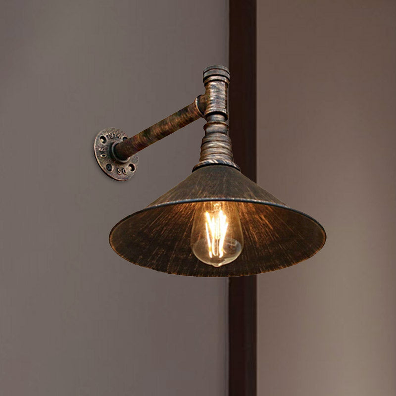 Farmhouse Style Antique Brass Wall Sconce With Metallic Cone & Pipe - 1 Head Dining Room Lighting