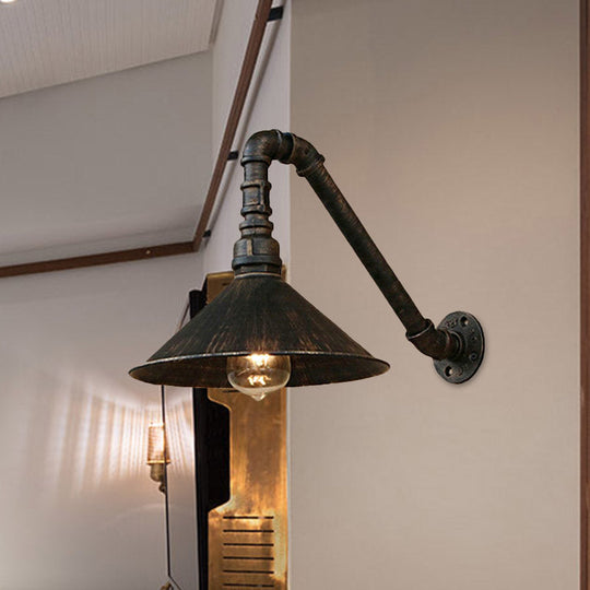 Farmhouse Style Antique Brass Wall Sconce With Metallic Cone & Pipe - 1 Head Dining Room Lighting