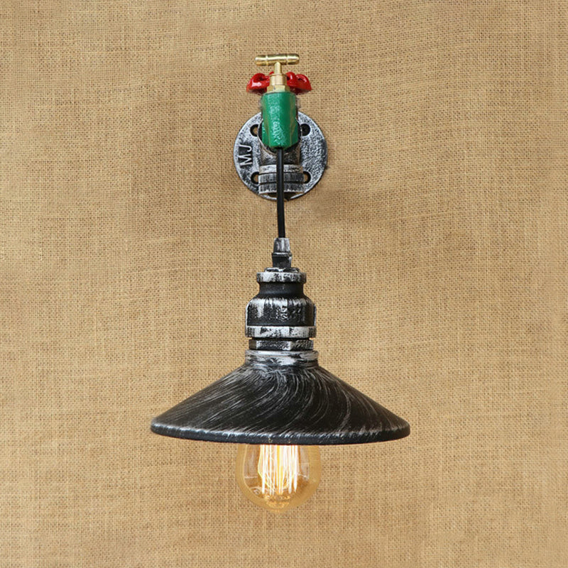 Steampunk Faucet Wall Light With Conic Shade - Aged Silver Finish