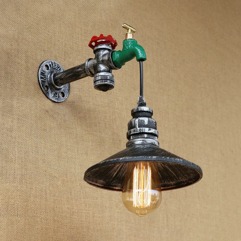 Steampunk Faucet Wall Light With Conic Shade - Aged Silver Finish