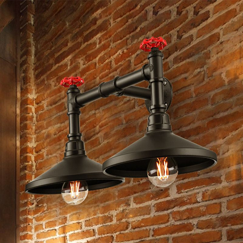 Black Industrial Cone Wall Mounted Light With Red Valve: 2 Heads Metal Lamp For Hallway