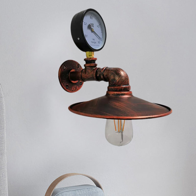 Vintage Industrial Flared Wall Sconce Lamp With Gauge Deco - Black/Copper Metallic