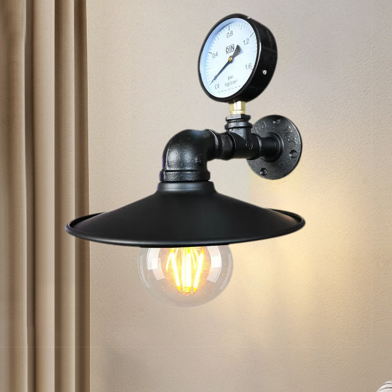 Vintage Industrial Flared Wall Sconce Lamp With Gauge Deco - Black/Copper Metallic