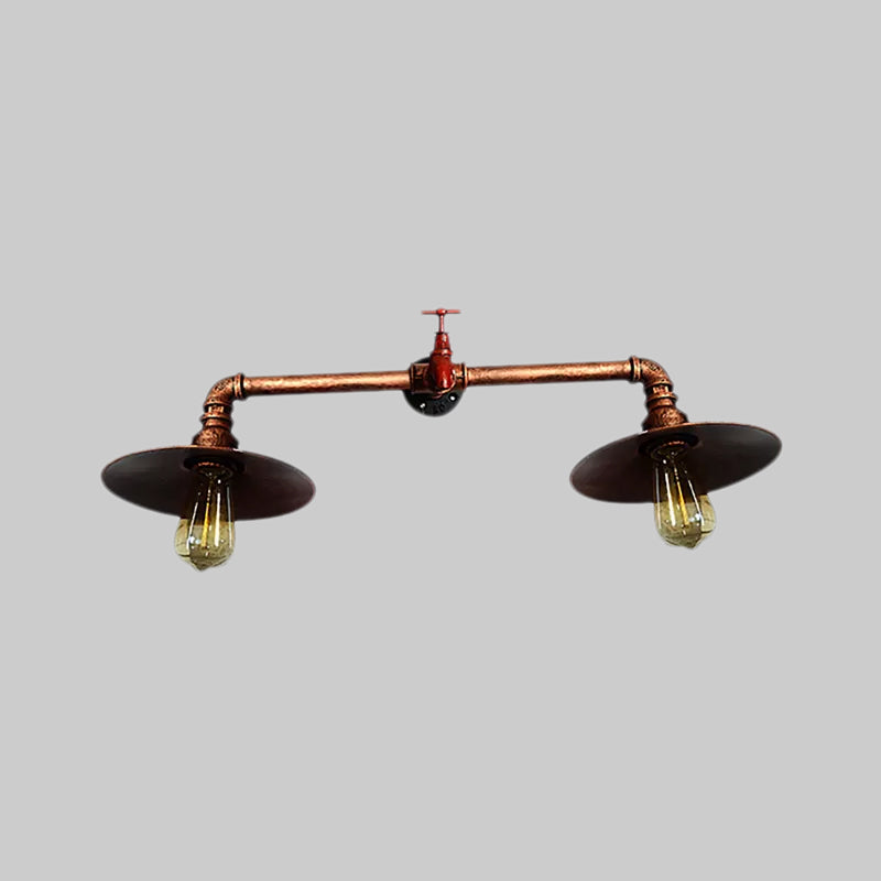 Industrial Dark Rust Metallic Sconce Wall Light With Water Tap - 2 Bulbs Flat Shade Perfect For