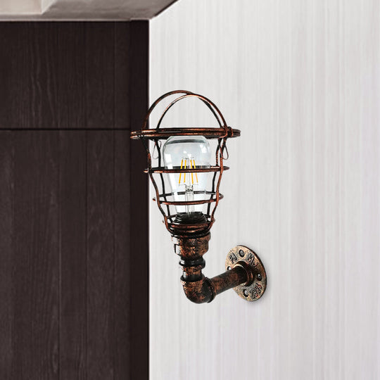 Wire Cage Sconce With Industrial Pipe & Rust Finish